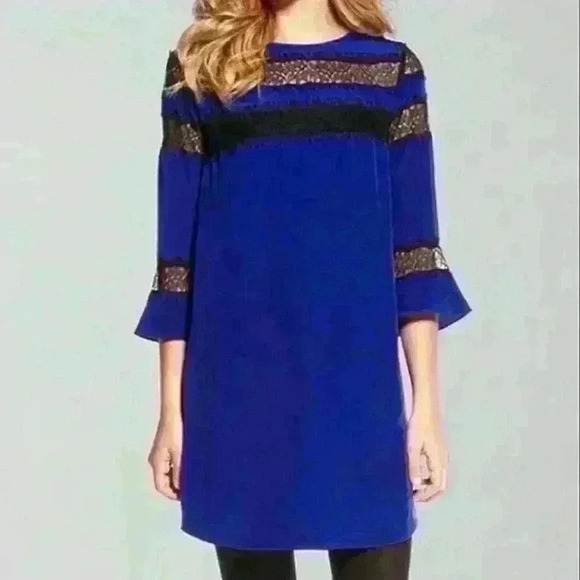 Rebecca Taylor Dresses & Skirts - Rebecca Taylor Blue 100% Silk Lace Trim 3/4 Relaxed Fit Shift Dress Sz.2 Goth